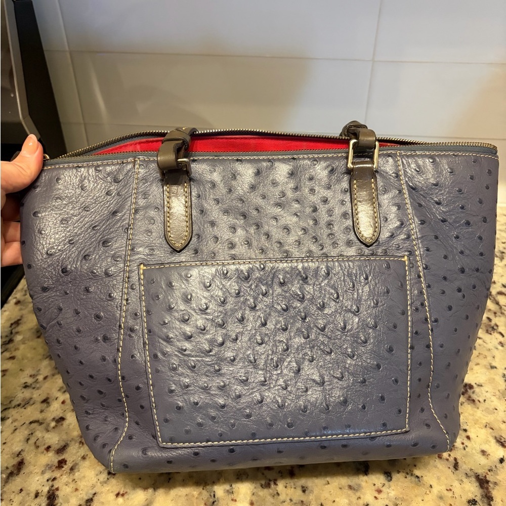 RARE Dooney & Bourke Maxine Tote Ostrich Embossed Leather Soy Blue Zip Tote - Picture 4 of 7